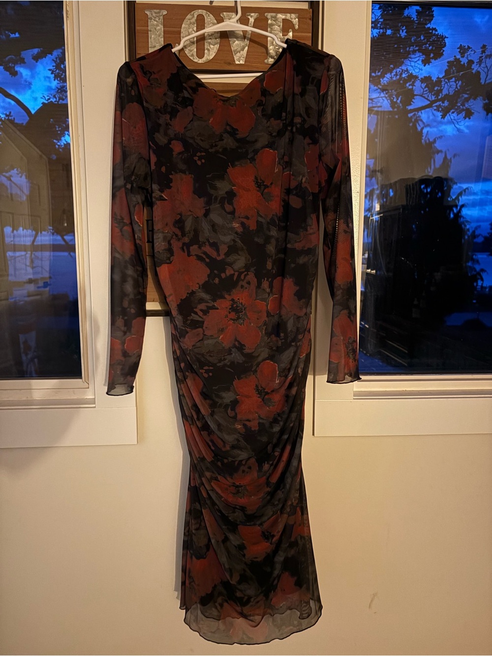 Maurice’s Mesh Long -Sleeve Black, Grey & Red Floral Ruched Midi Dress